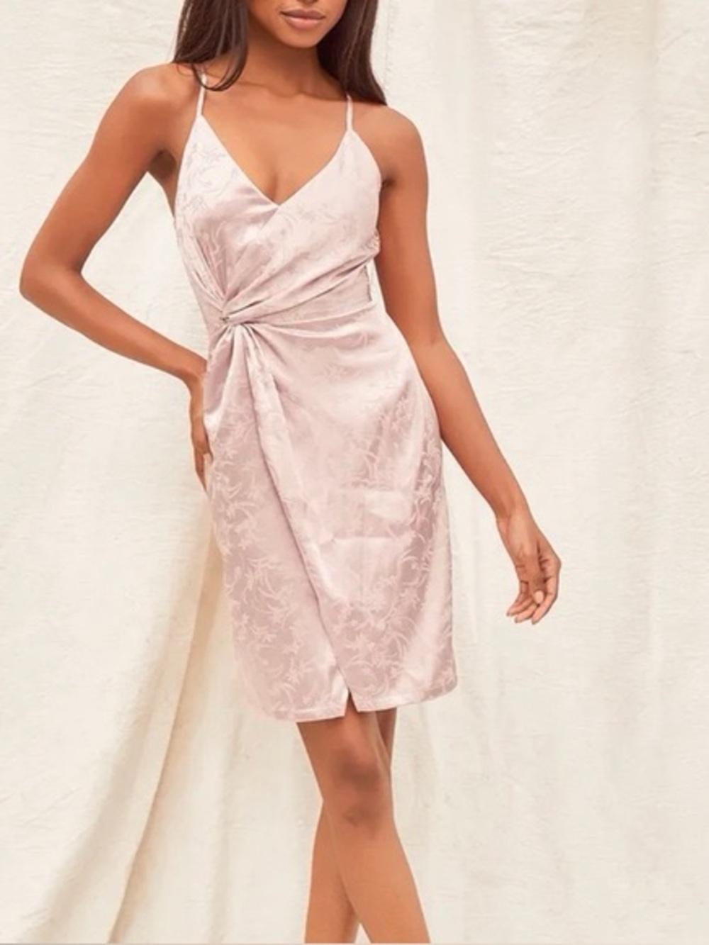 Lulus Blush Pink Satin Jacquard Slip Dress Twist Front Coquette Barbiecore